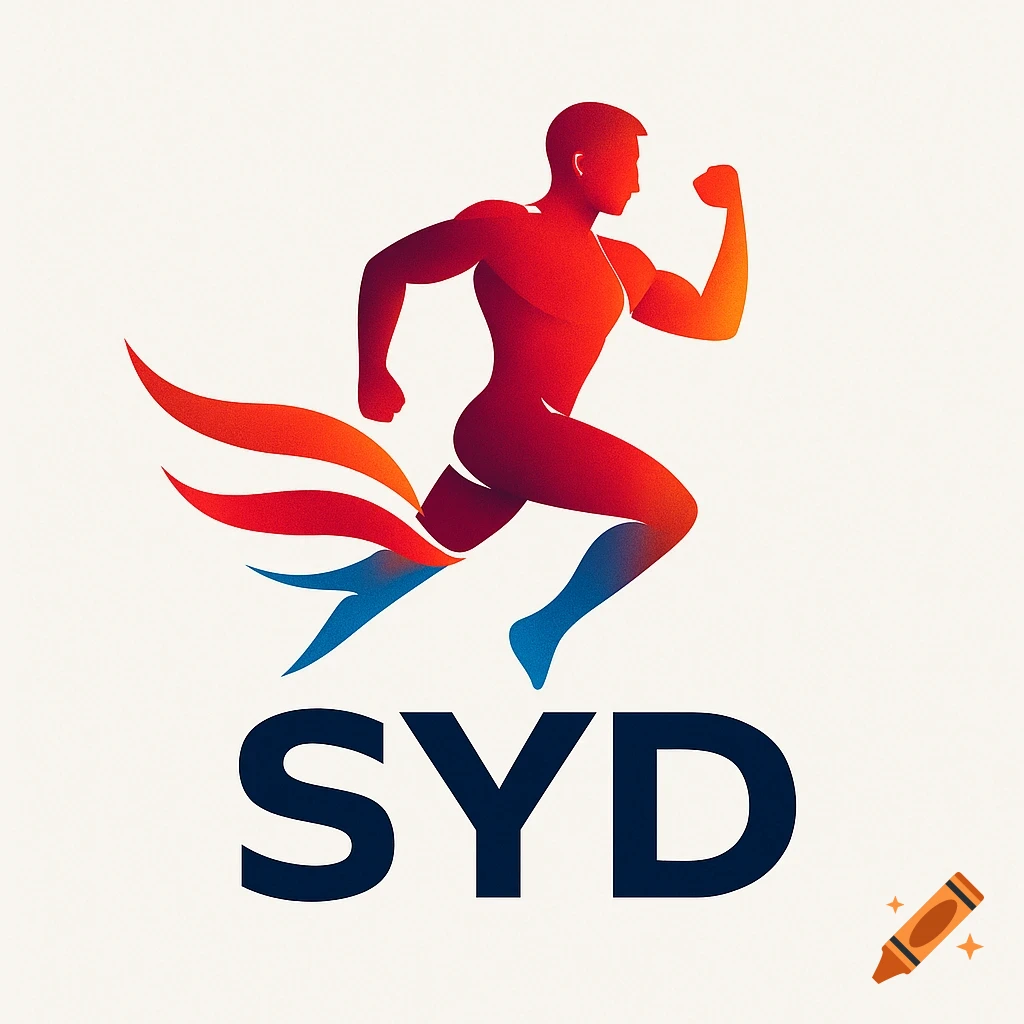 A red and orange gradient silhouette of a running man with a blue and orange trail, above dark blue text 'SYD'.