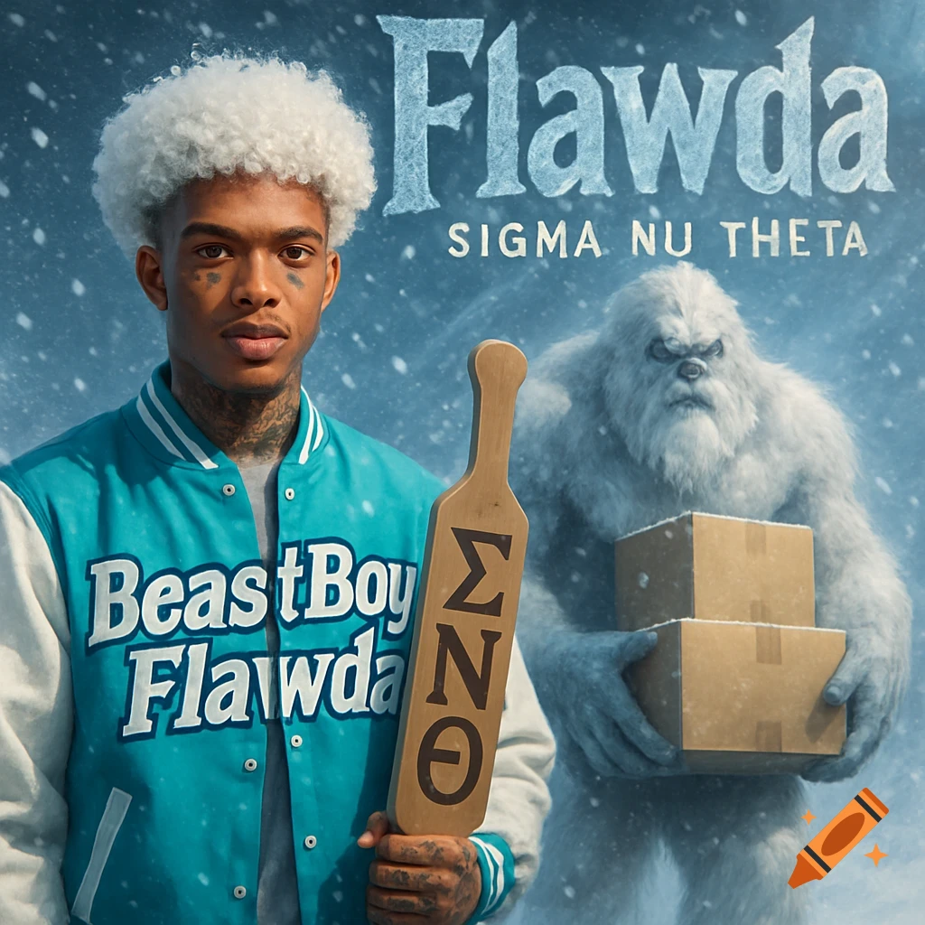 Hyper-realistic portrait of a man in a turquoise varsity jacket holding a paddle, standing in a snowy scene with a yeti carrying boxes.