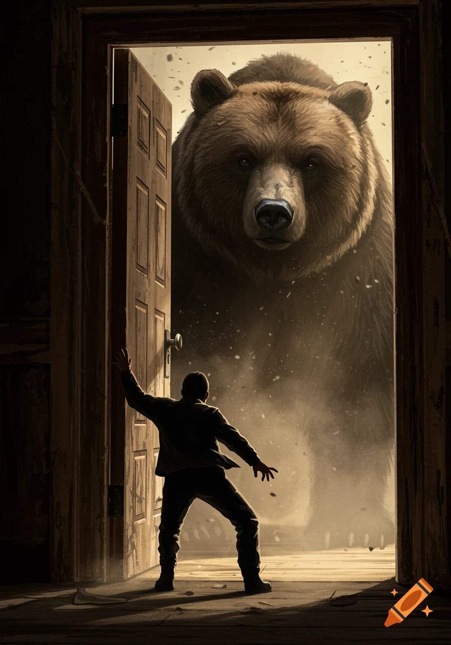 A man recoils from a giant bear peering through an open doorway, with dust motes and light filtering into the dark room.