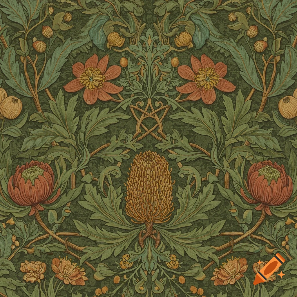 William Morris style botanical pattern with green leaves and red and orange flowers on a dark green background.