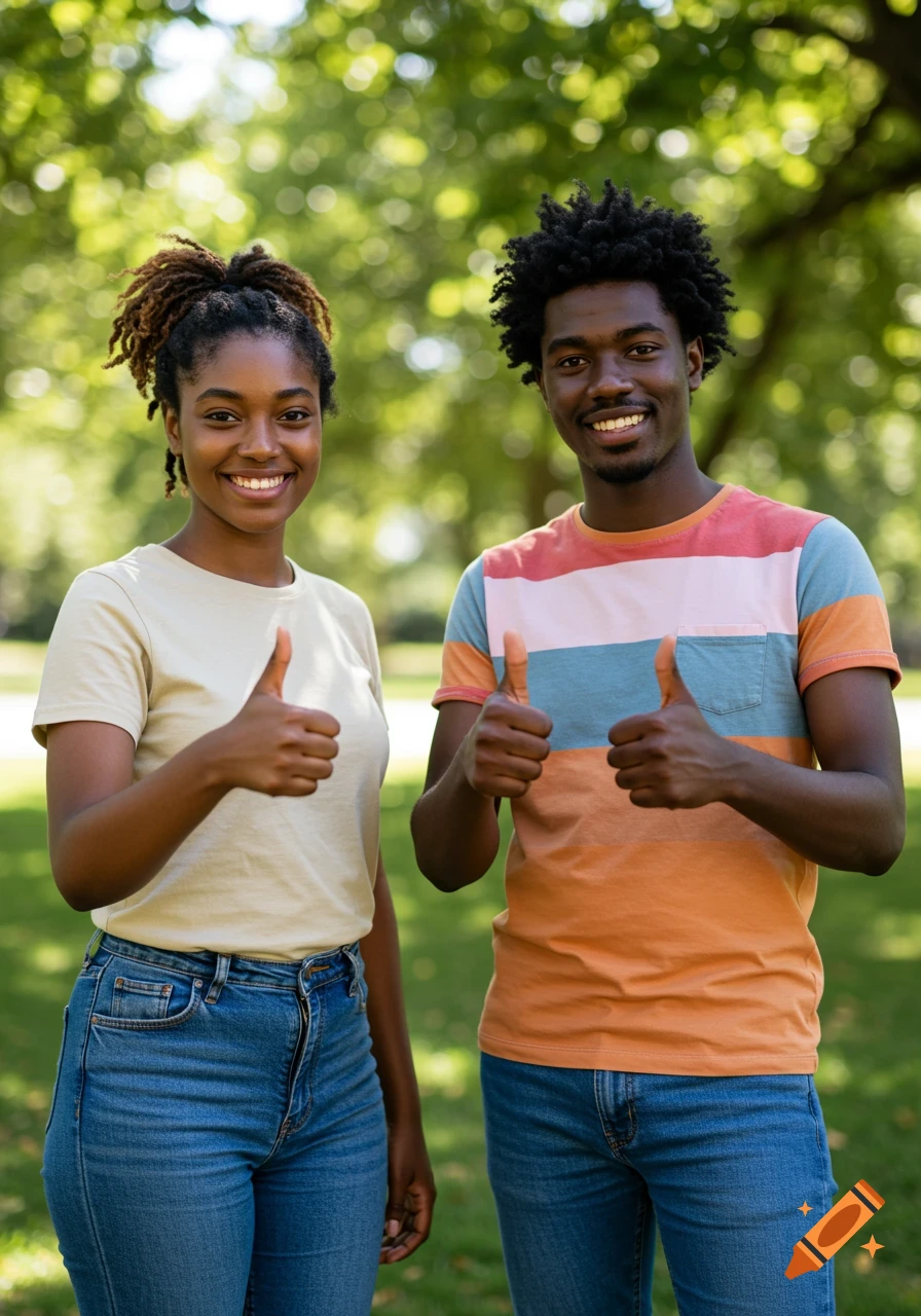 Two smiling young Black adults stand in a park, giving thumbs up, on a sunny day. Photorealistic.