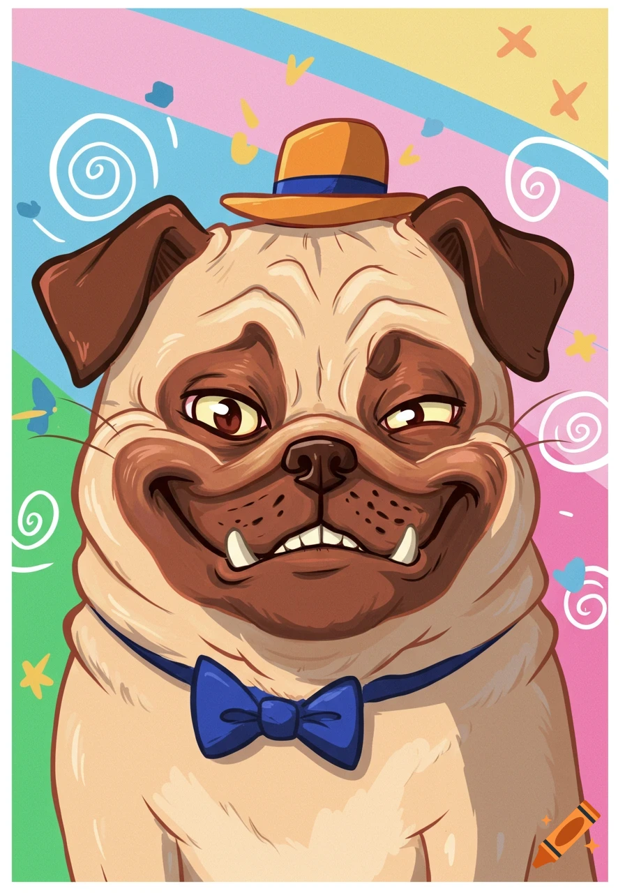 A cartoon pug dog wearing a small brown hat and a blue bowtie, smiling broadly, against a colorful striped background.