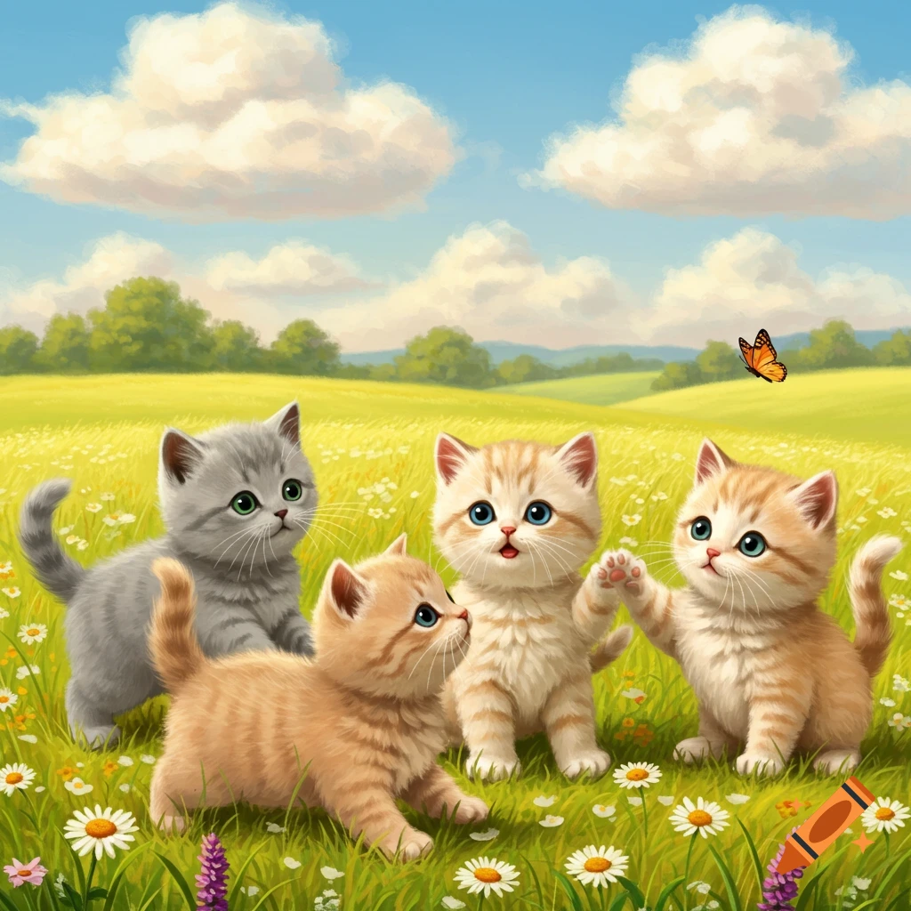 Four cute kittens playing in a sunny, green field with white and purple flowers, one looking at a butterfly.