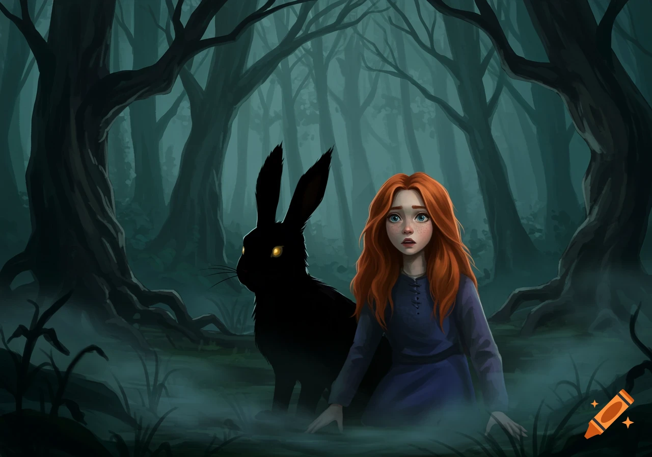 A scared red-haired girl sits in an eerie, misty forest next to a large black rabbit with glowing yellow eyes.