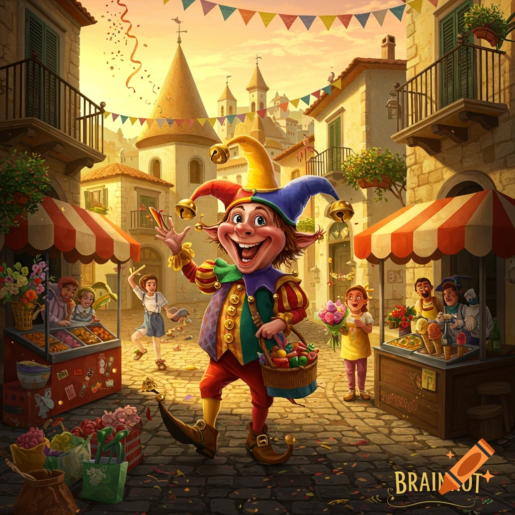 A cheerful jester in colorful attire waves in a lively, medieval-style town square with market stalls, confetti, and festive banners.