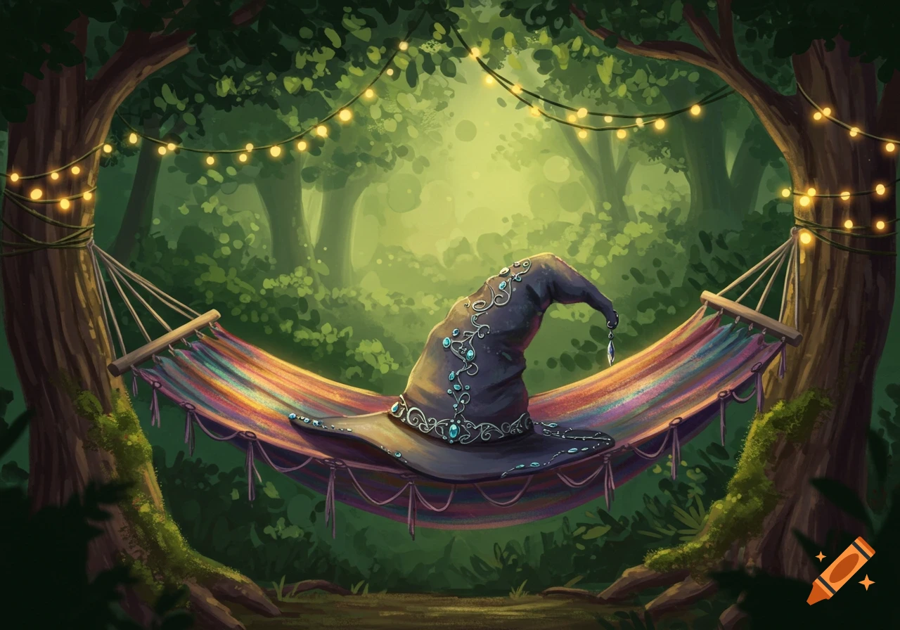 A dark wizard hat adorned with glowing blue gems rests on a colorful hammock strung between two trees in a lush, illuminated forest.