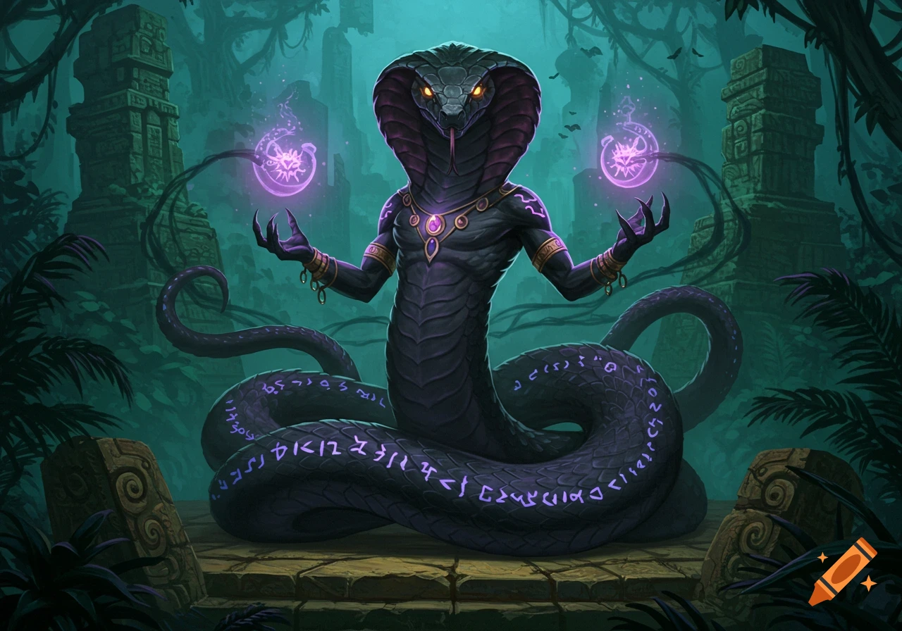 Dark humanoid cobra creature with glowing eyes and purple magic in a jungle ruin, adorned with jewelry.