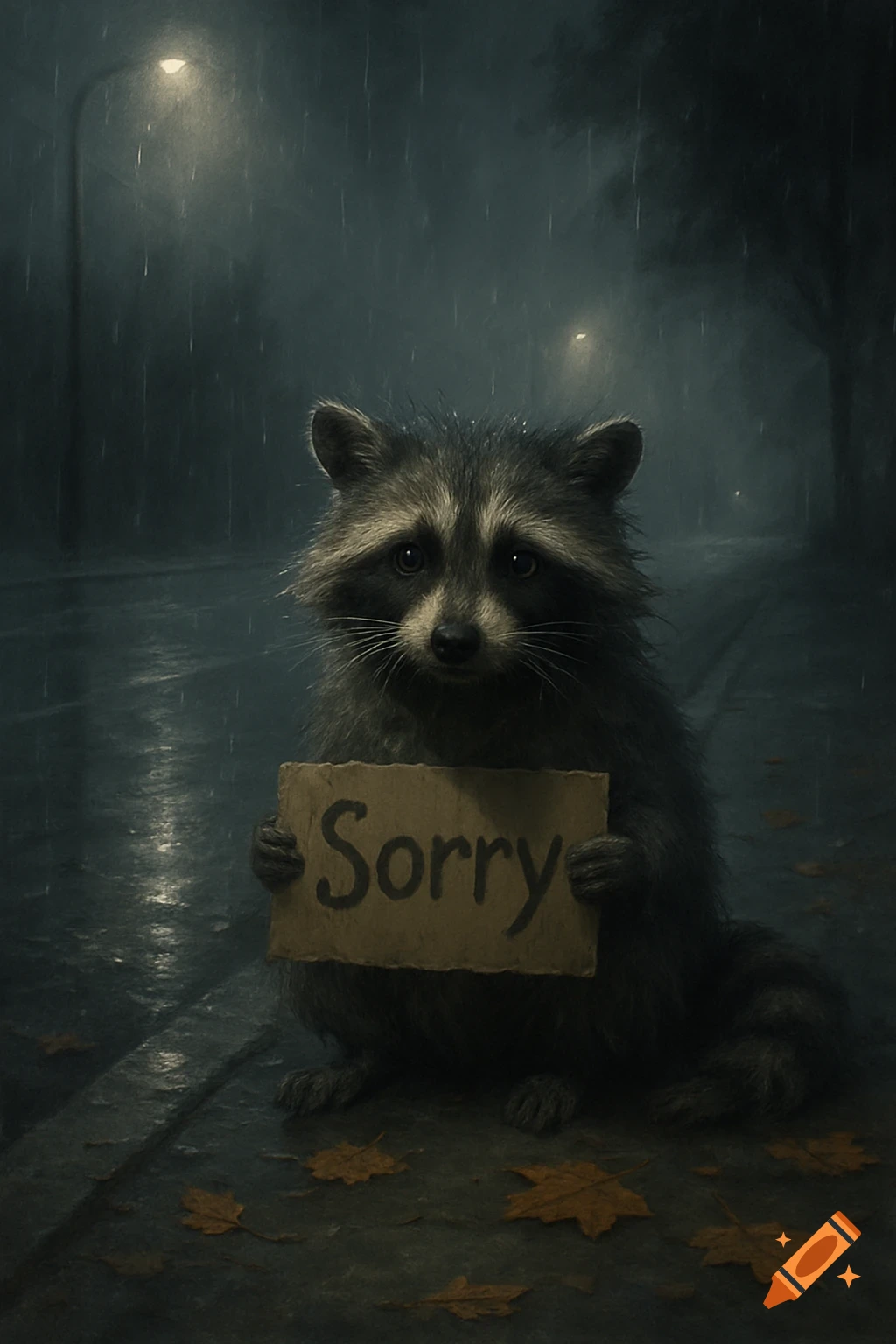 A sad raccoon sits in the rain on a dark road, holding a cardboard sign that says 'Sorry'.