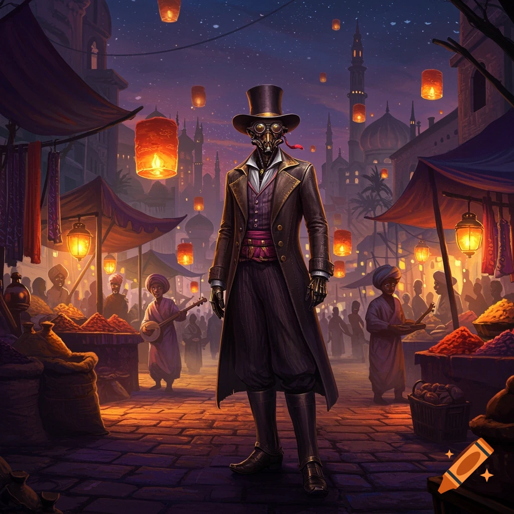 A steampunk dandy character stands in a vibrant, bustling night market illuminated by glowing lanterns.