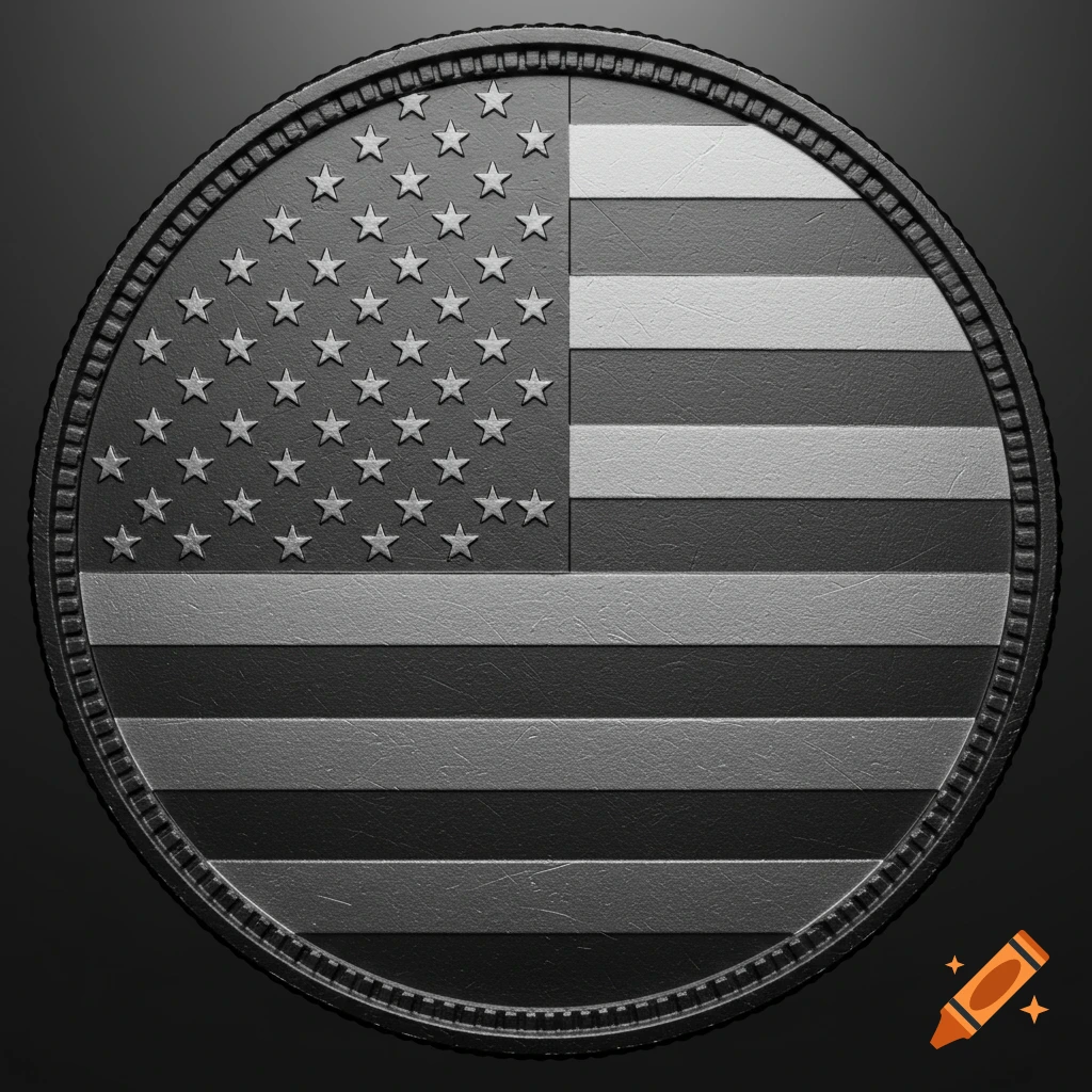 A grayscale American flag embossed on a circular coin with a textured rim, against a dark background.