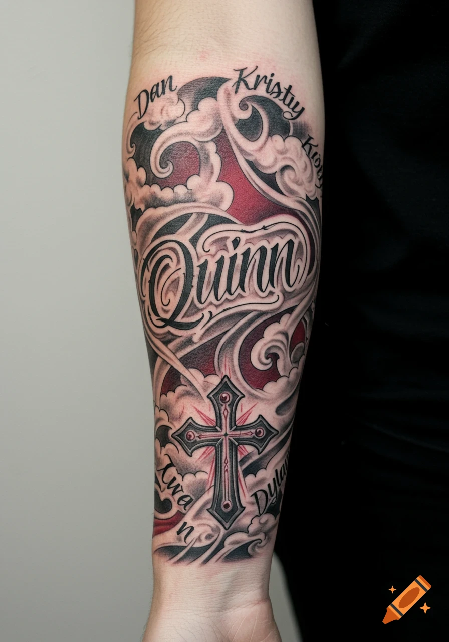 Forearm tattoo featuring names 'Quinn', 'Dan', 'Kristy', 'Dylan', a cross, and red and black clouds.