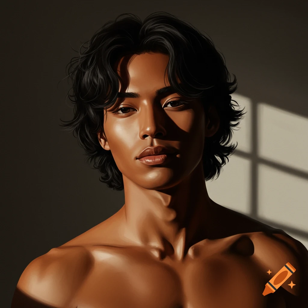 Young man with dark, wavy hair and tan skin looks directly at the viewer, bathed in dramatic sidelight with shadows on his face and bare chest.