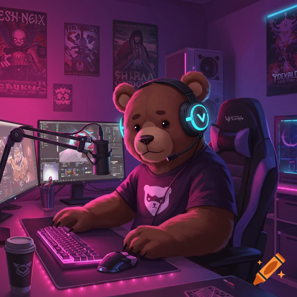 A cartoon brown bear with headphones and a headset sits at a desk, looking at multiple monitors with a microphone, keyboard, and mouse in a dimly lit, neon-purple room.
