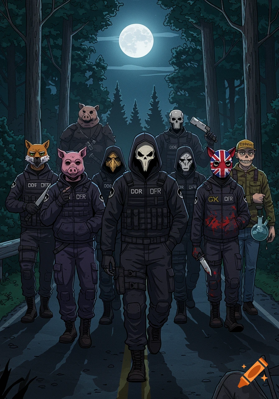 Cartoon image of a group of masked figures in tactical gear, one with a skull mask leading, walking down a moonlit forest road. Some figures wear animal masks like a fox, pig, and raven. One has a British flag mask and bloodstains, another holds a cleaver, and one a bong. Dark, stylized art.