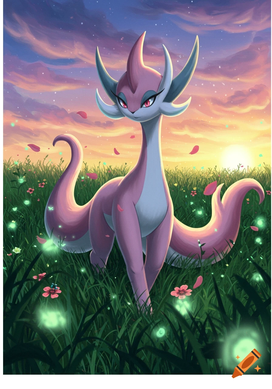 A pink and white long-necked creature with horns stands in a green field with glowing plants and falling petals, under a vibrant sunset sky.