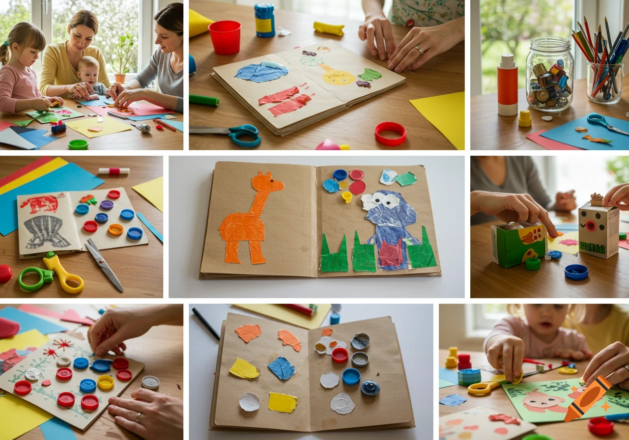 A collage of images showing adults and children engaged in crafting activities using recycled materials like bottle caps and cardboard to create a storybook.