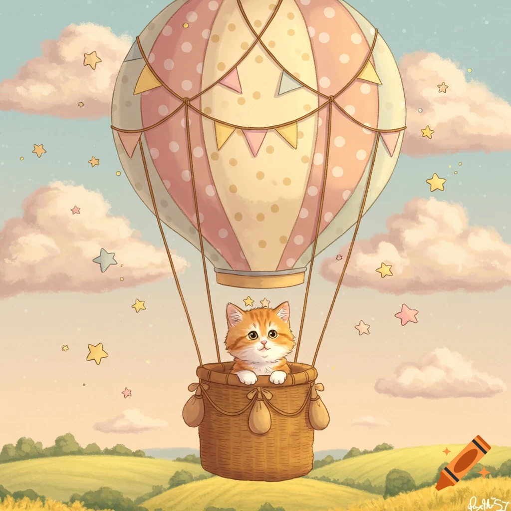 An orange cat in a hot air balloon, with pastel colors, floating over green hills under a starry sky. Illustrated art style.