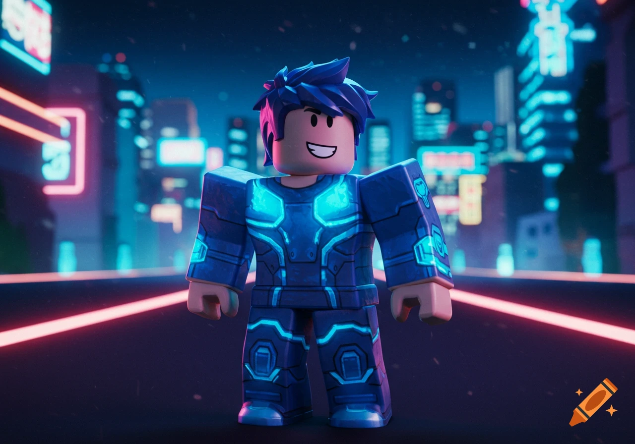A Roblox character with blue hair and a blue armored suit with glowing cyan accents stands on a neon-lit street in a cyberpunk city at night.
