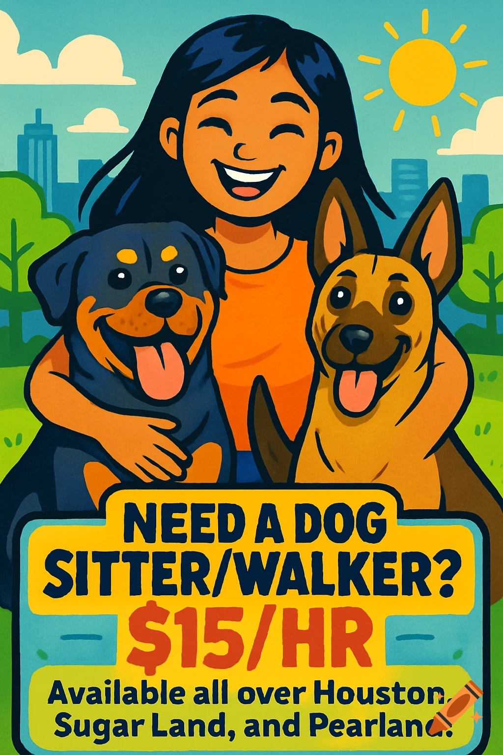 A cartoon illustration of a smiling girl hugging a Rottweiler and a German Shepherd. Below them is a sign for dog sitting and walking services.
