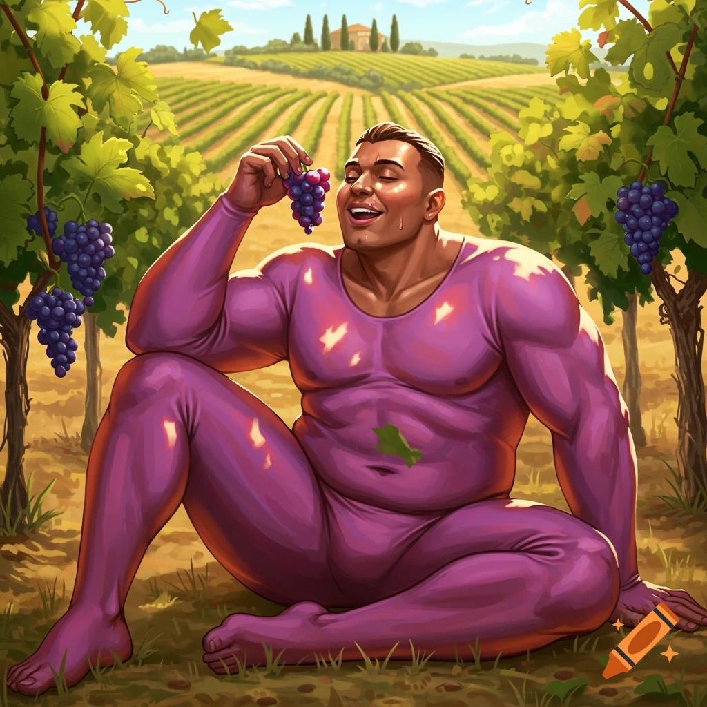 Muscular man in a purple unitard sitting in a vineyard, happily eating grapes. Digital art.