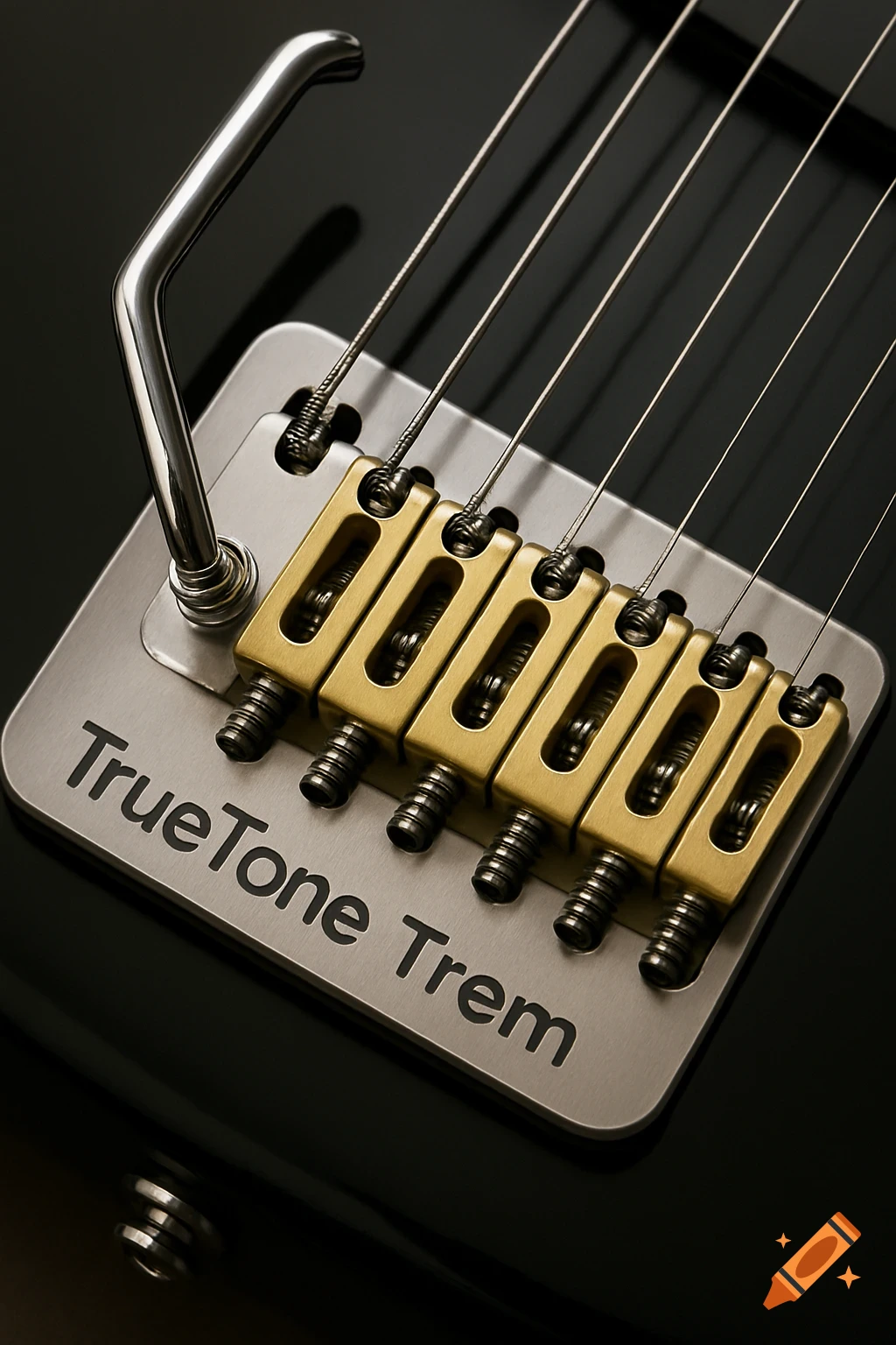 Close-up of a black electric guitar's silver and gold TrueTone Tremolo bridge.
