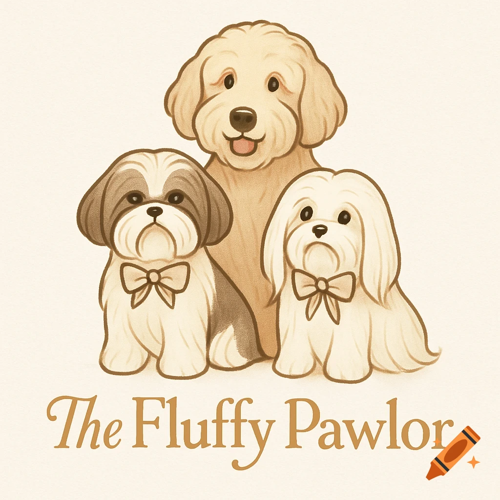 An illustration of a goldendoodle, shih tzu, and maltese dogs with a bow on a light background, with the text "The Fluffy Pawlor" below them.