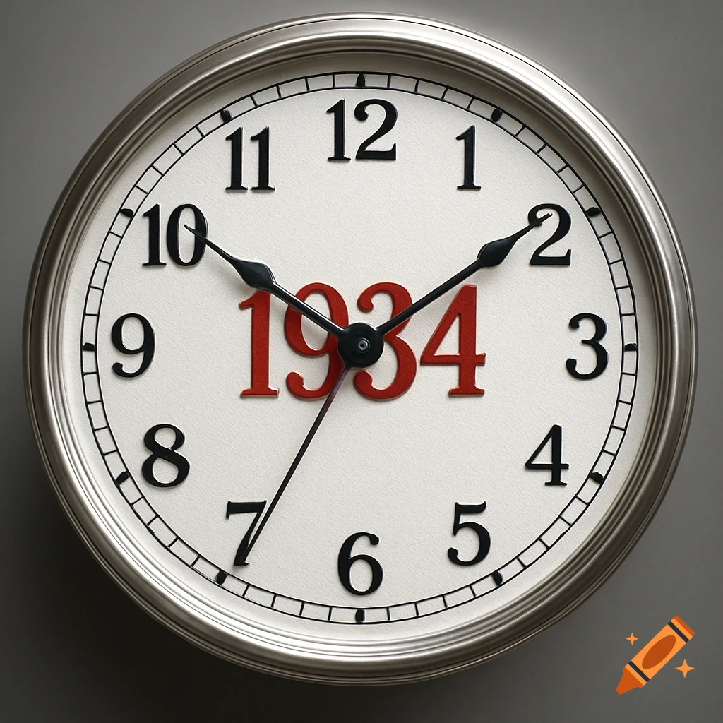 Close-up of a silver-framed clock with a white face, black numbers, and a red '1934' at the center.