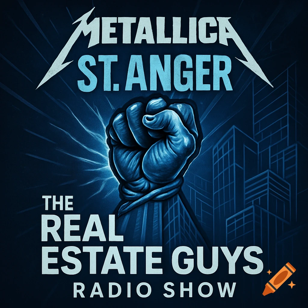 A stylized blue illustration resembling a podcast or album cover, featuring a large clenched fist with radiating lines, abstract city buildings, and text that reads 'Metallica St. Anger' and 'The Real Estate Guys Radio Show'.