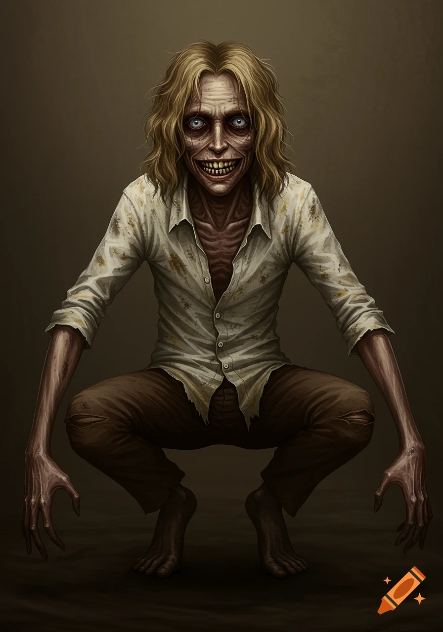 A gaunt, pale man with long blonde hair, bloodshot eyes, and a wide, toothy grin crouches. He wears a stained white shirt and brown pants in this horror-style digital art.