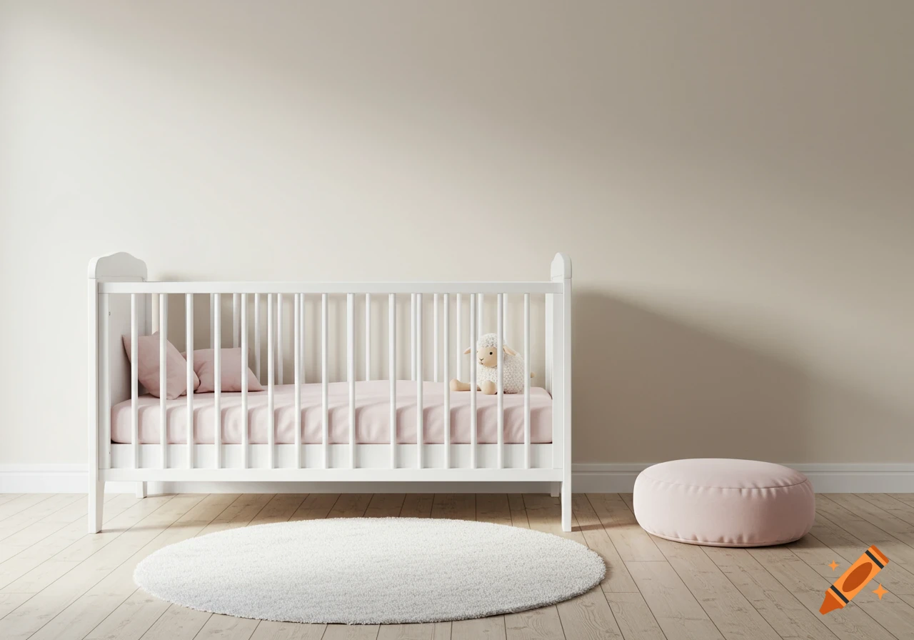 An infant room with a white crib, pink bedding, a sheep toy, a white round rug, and a pink cushion on light wood floors.