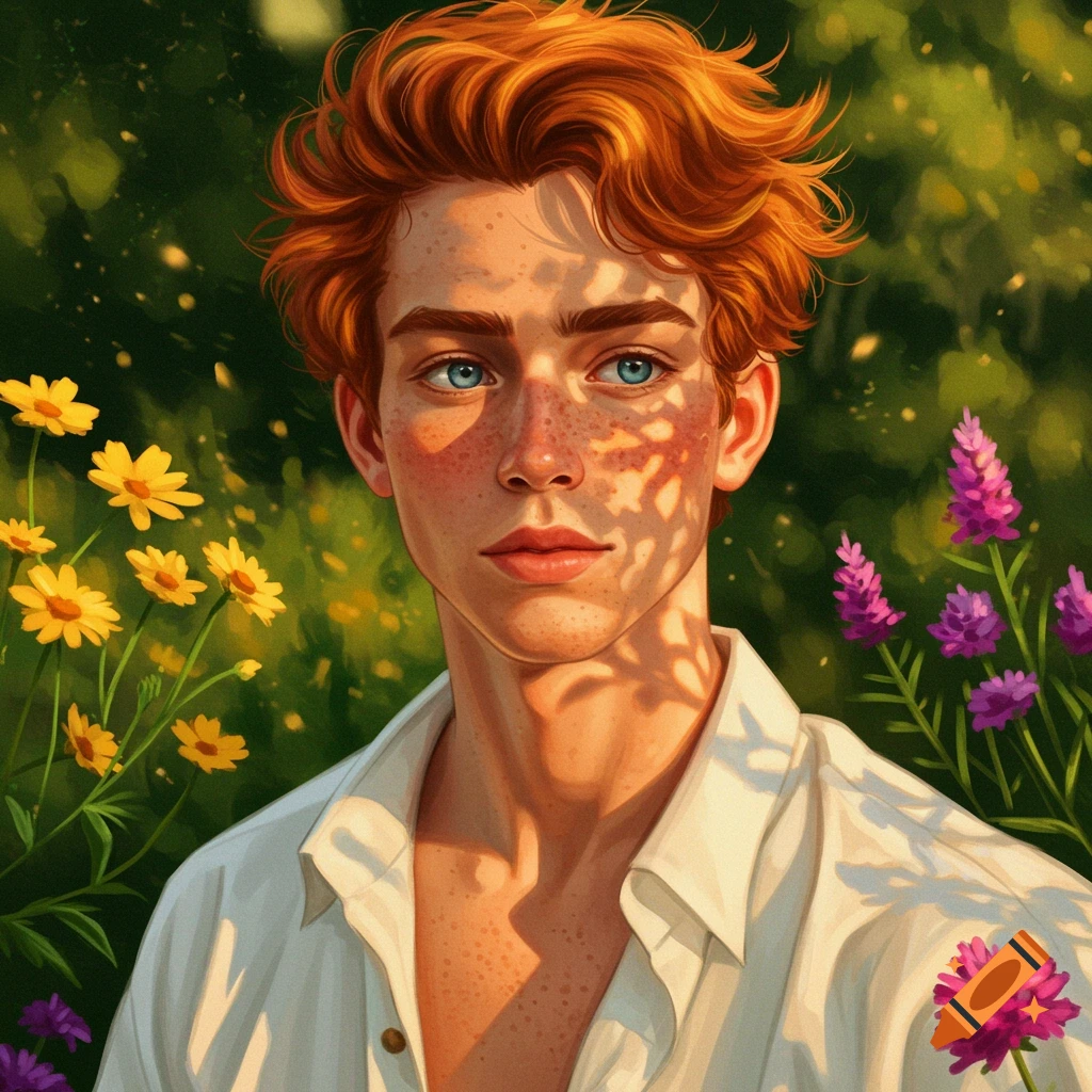 A close-up illustration of a young man with red hair and freckles, wearing a white shirt, standing in a field of yellow and purple flowers with sunlight dappling his face.