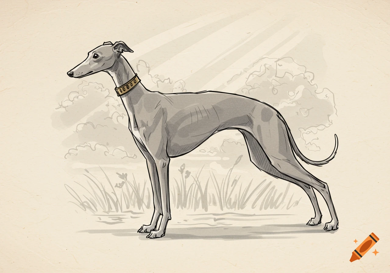 A hand-drawn illustration of a greyhound standing in profile on a light background with subtle clouds and grass.