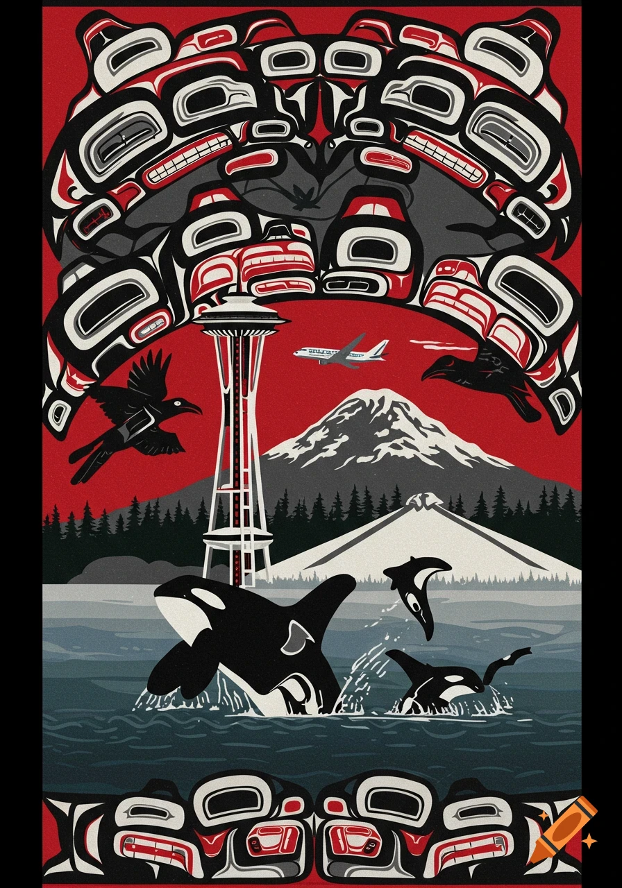 A vertical, stylized serigraph in red, black, and white depicting Native Salish designs, featuring the Space Needle, Mount Rainier, orcas, ravens, and an airplane.