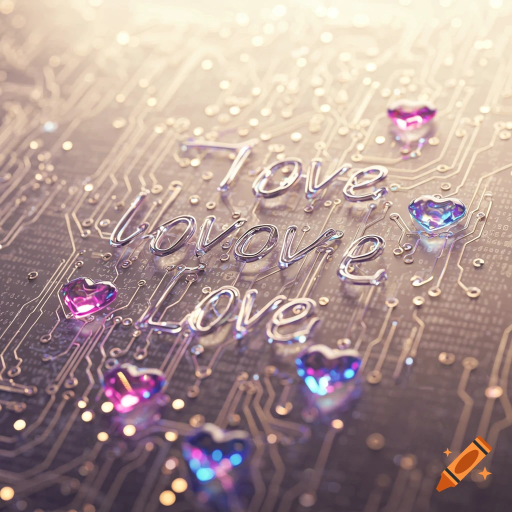 Shiny metallic 'Love' text and colorful heart gems on a glowing circuit board.