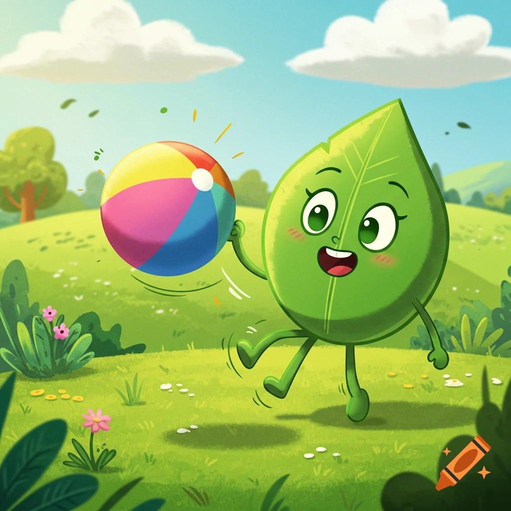 A cheerful cartoon leaf character playing with a colorful beach ball in a sunny green field.