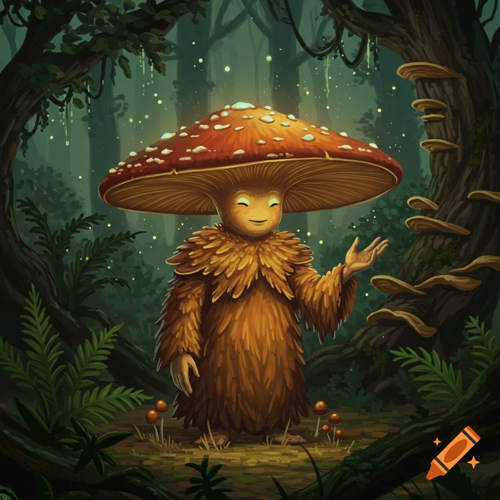 A happy mushroom character in a whimsical forest. It has a large orange mushroom cap and a furry brown body, gesturing gently.