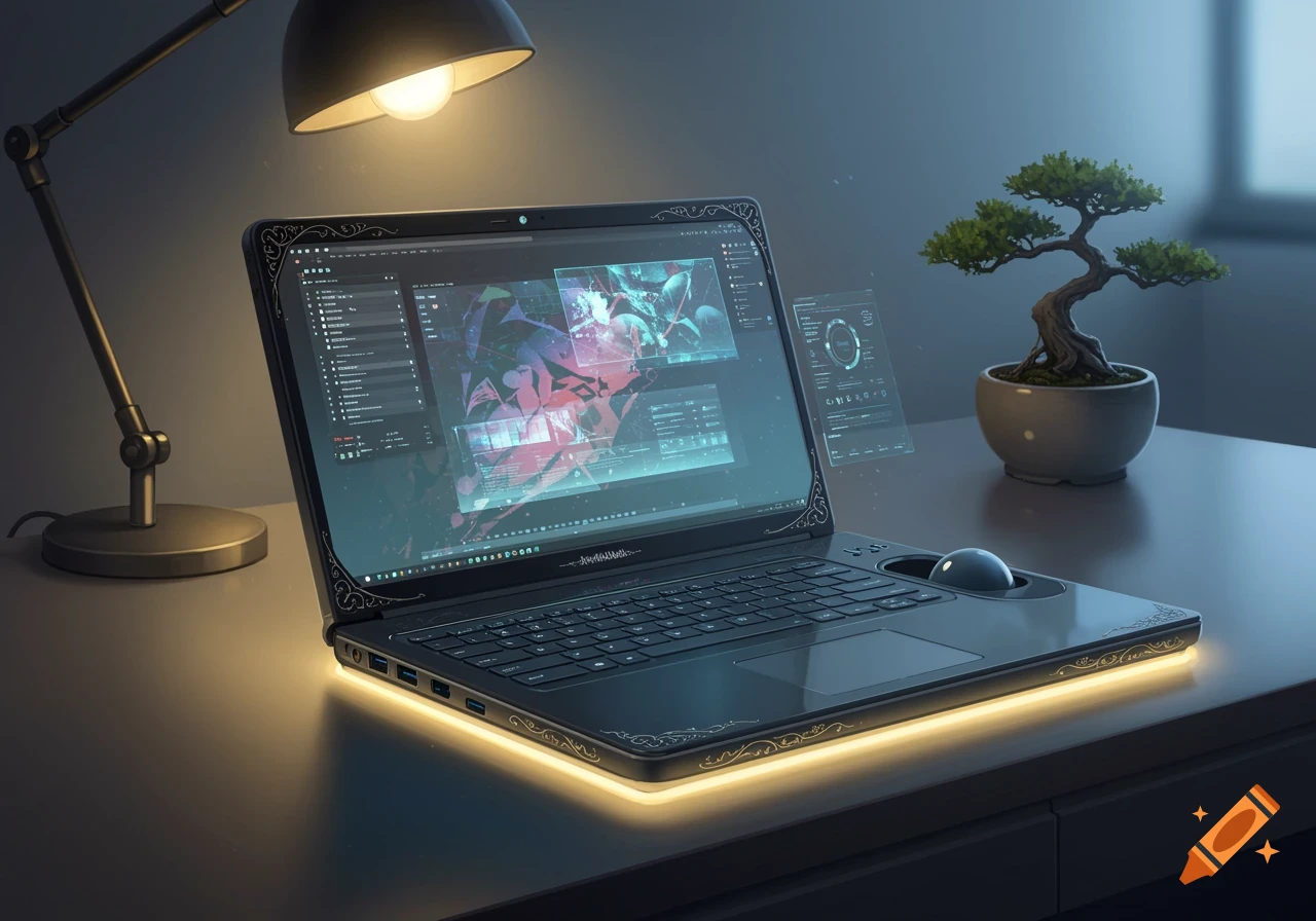 A futuristic laptop with glowing bottom edges, a trackball, and ornamental details on a desk with a lit lamp and a small bonsai tree.