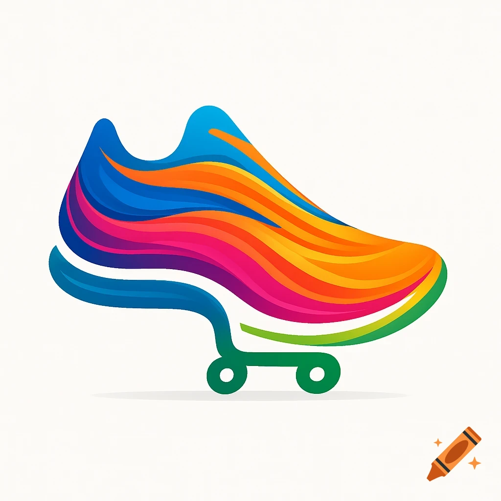 A colorful abstract logo featuring a shoe design integrated with a shopping cart handle on a white background.
