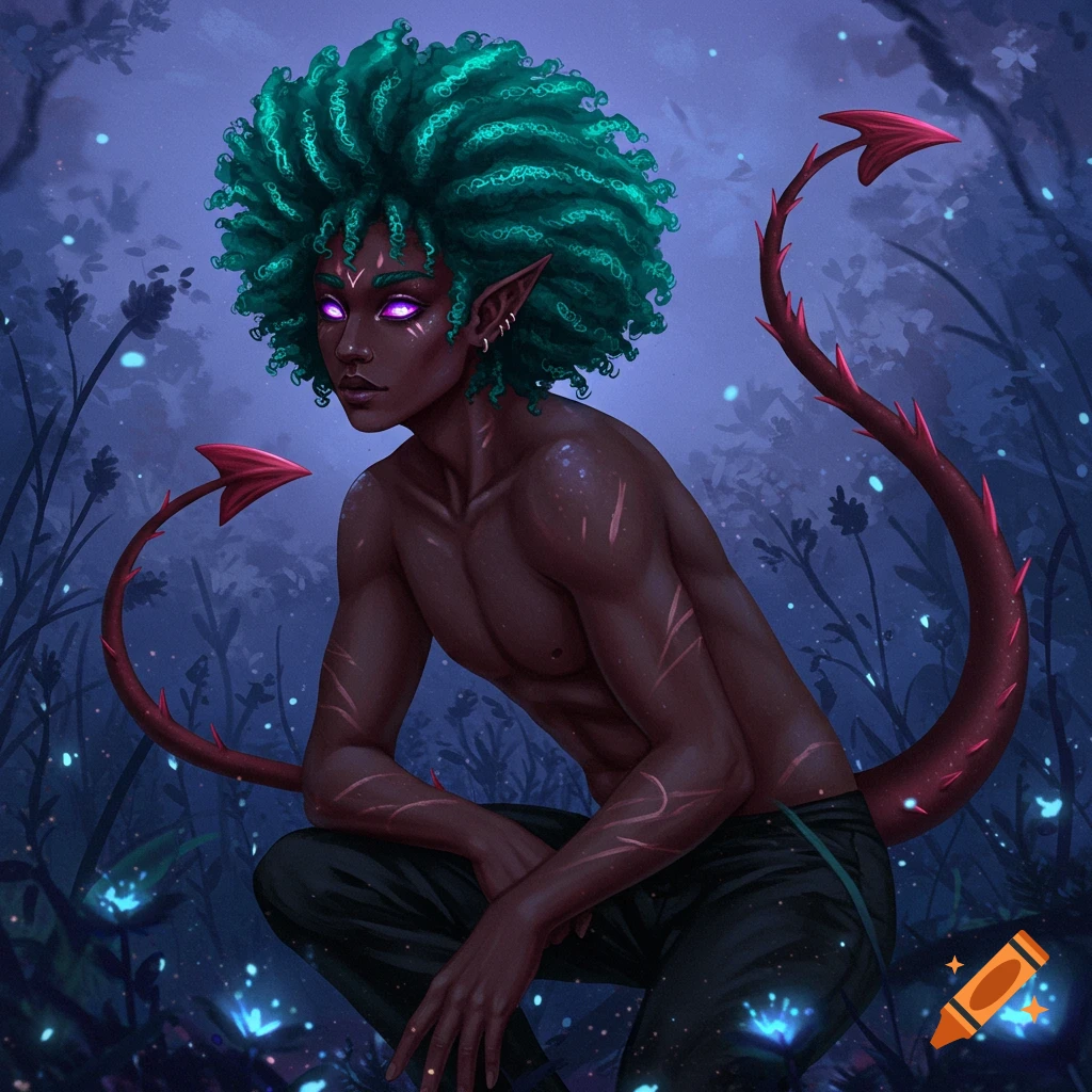 A dark-skinned humanoid with teal afro hair, purple eyes, and a spiked red tail squats in a dark, glowing forest.