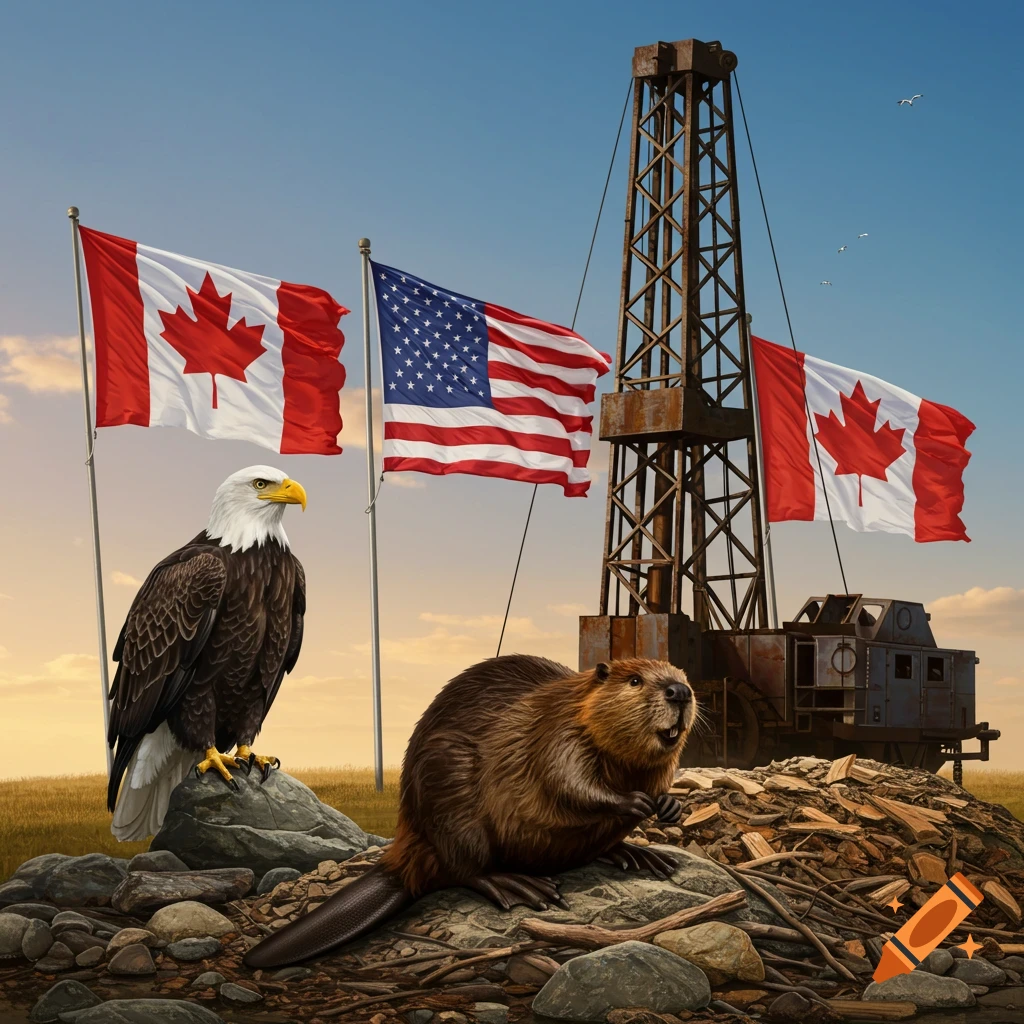 An eagle and a beaver stand on rocks in front of Canadian and American flags and an oil drilling rig under a cloudy sky.