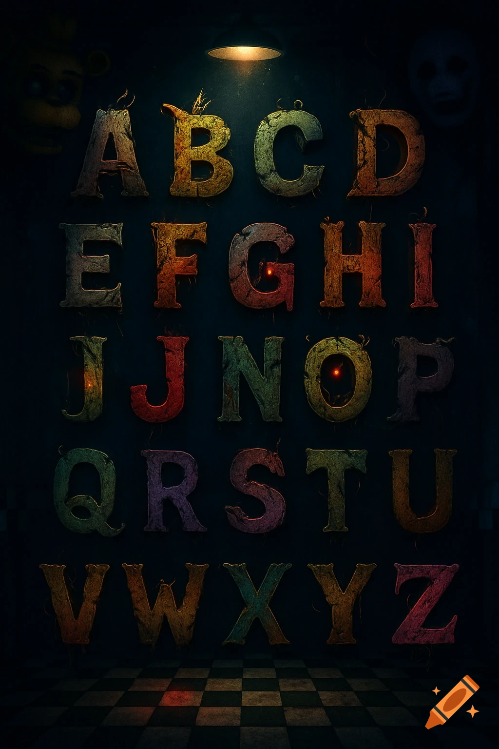Spooky FNAF-themed alphabet chart with textured, withered letters in a dim room with faint animatronic figures.
