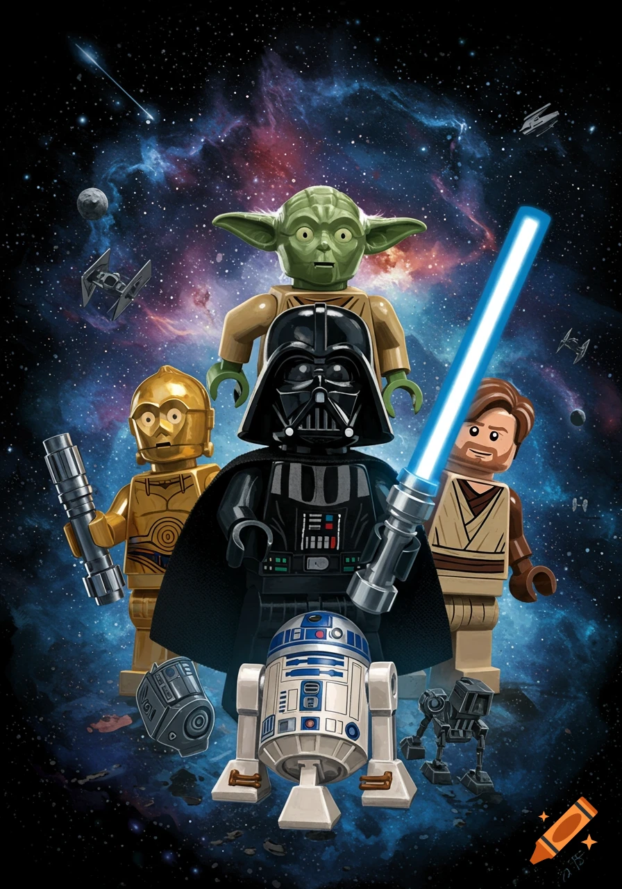 Lego Star Wars characters Darth Vader, Yoda, C-3PO, R2-D2, and Obi-Wan Kenobi in space with spacecraft.