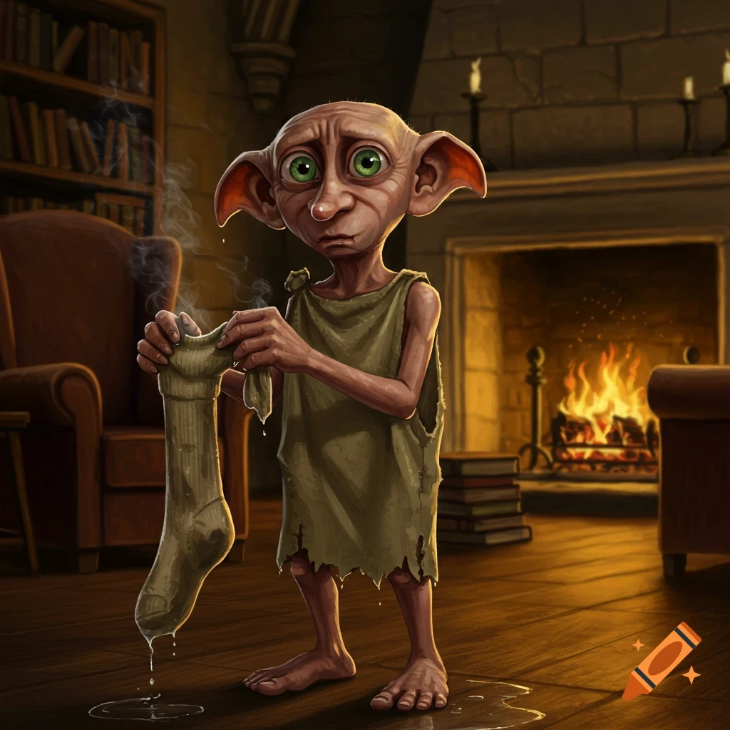 Dobby, the house-elf from Harry Potter, holds a wet, steaming sock while standing in a dimly lit library with a fireplace.