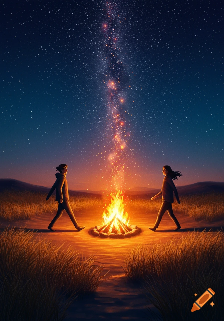 Two stylized figures walk past a bright campfire under a dramatic starry night sky with a stream of light going up from the fire.
