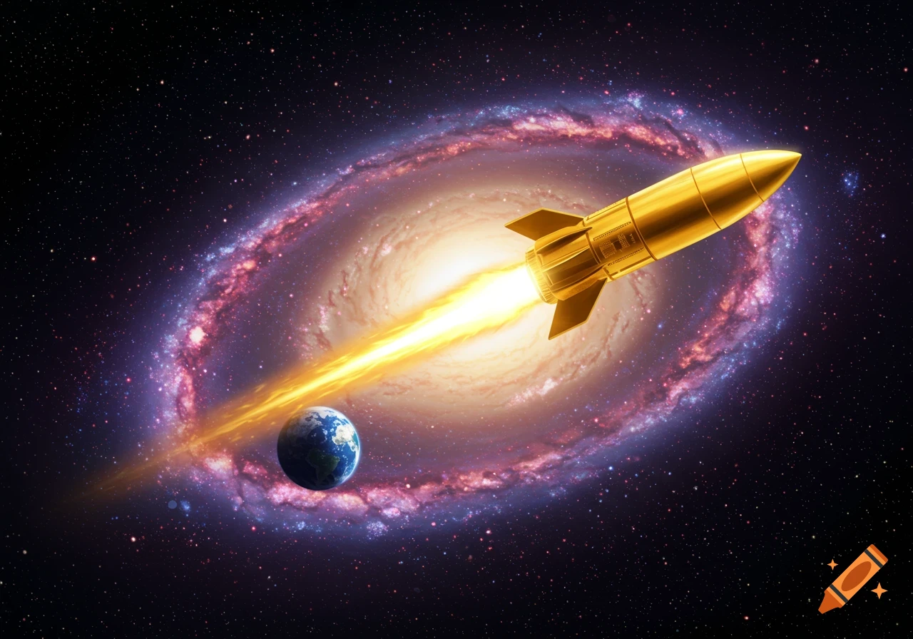 A golden rocket launches from Earth with a spiraling colorful galaxy in the background.
