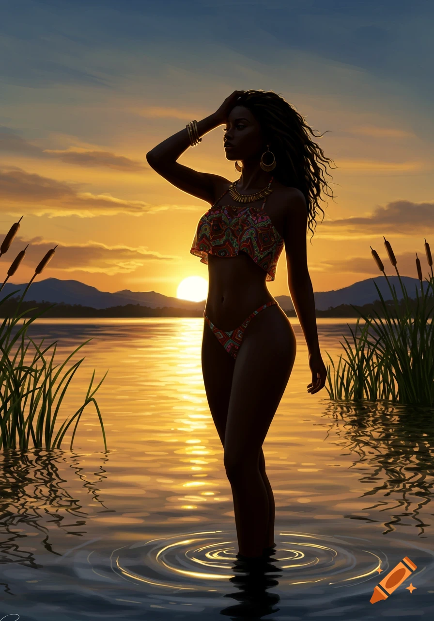 A silhouette of a beautiful Black woman in a bikini and crop top standing in a lake at sunset.