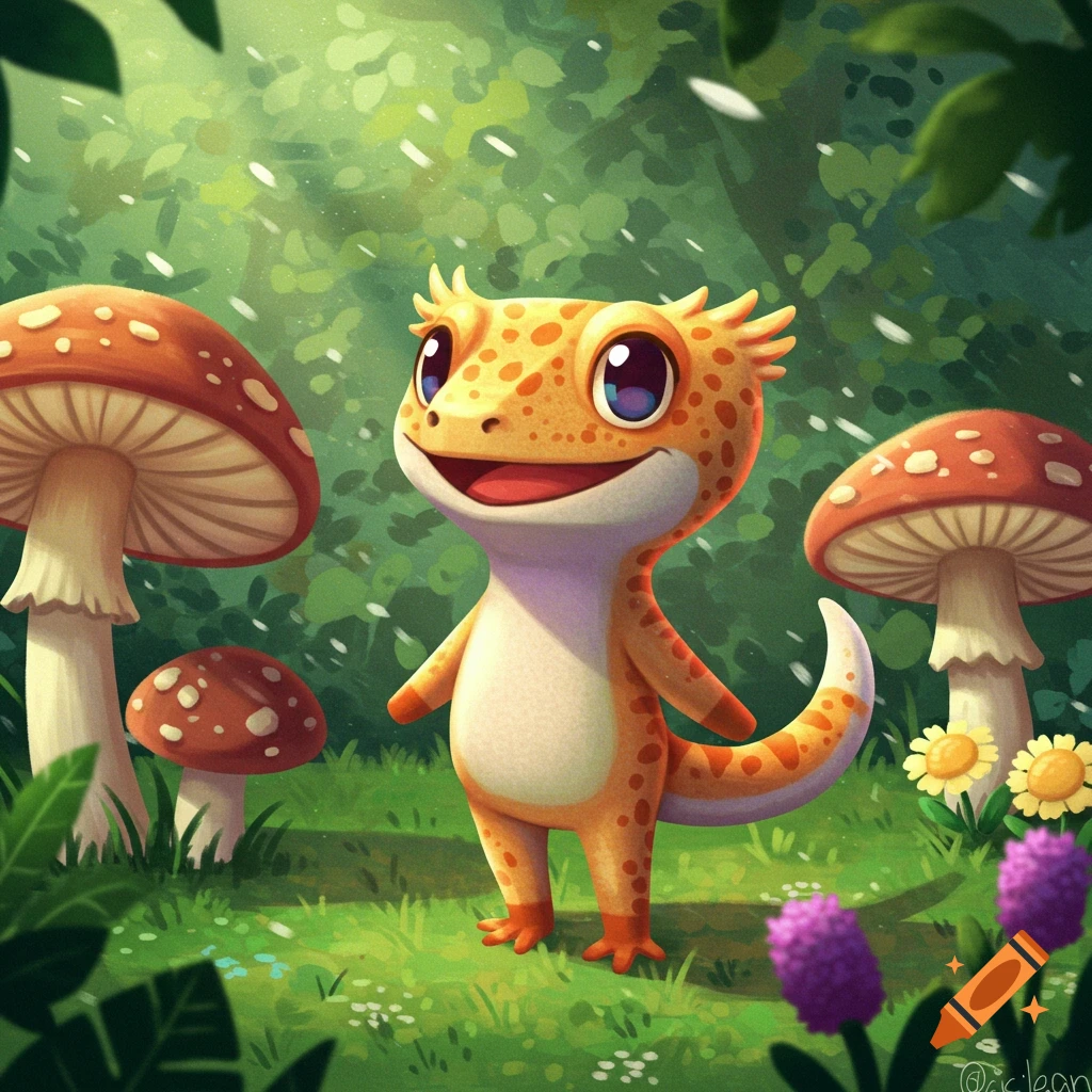 A cute, orange and yellow spotted gecko character stands smiling in a vibrant, sunlit forest with large red mushrooms and flowers, in a cartoon style.