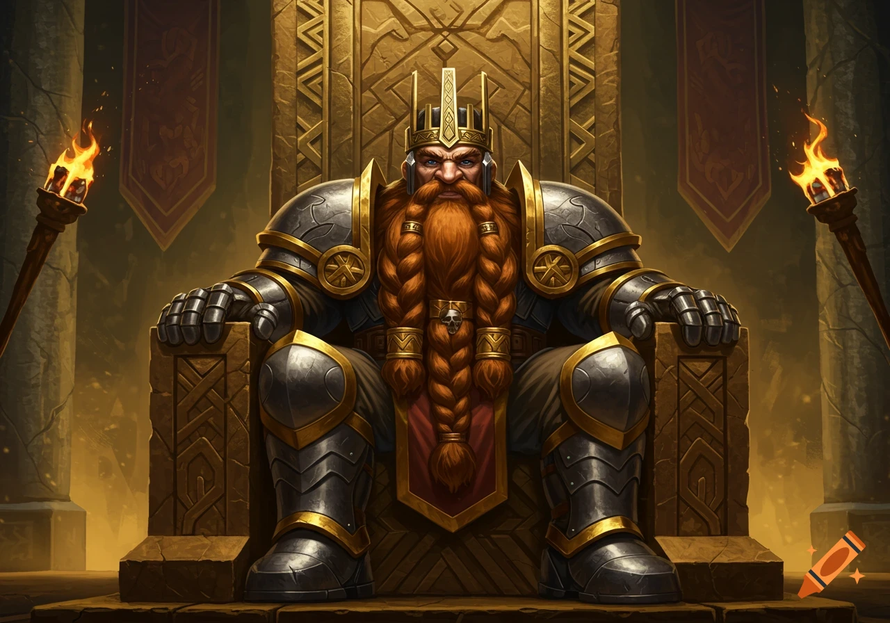 A powerful dwarven king with a long braided beard and crown sits on an ornate golden throne, illuminated by torches.