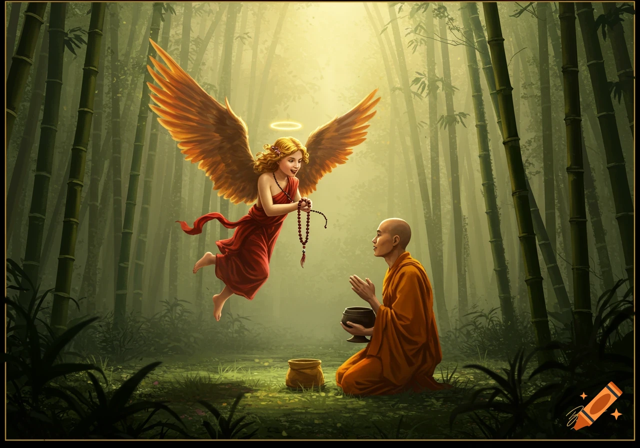 An angel offers beads to a kneeling Buddhist monk in a sunlit bamboo forest illustration.