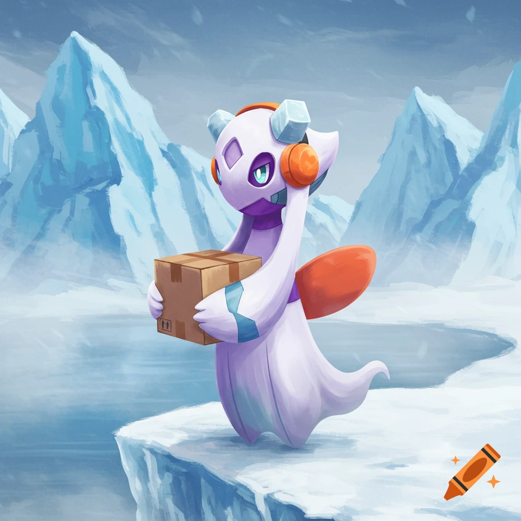 A white, ghost-like Pokemon with orange headphones, Froslass, holds a cardboard box in a snowy, icy mountain landscape.